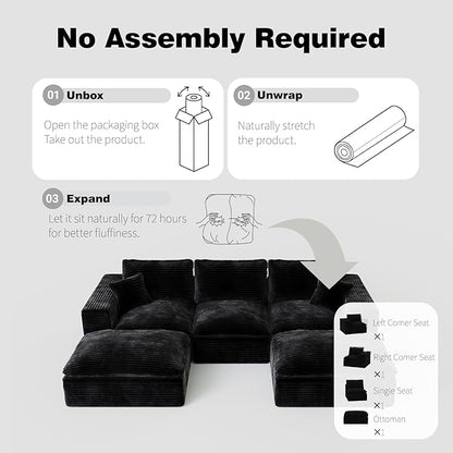 ZIGHTH 108" Plush Corduroy L Shaped Sectional Cloud Sofa Couch with Ottoman, Soft Deep Seat Modular Sectional Couches for Living Room,No Assembly. Black