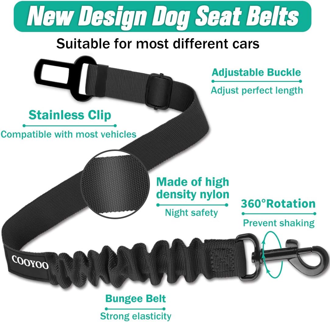 COOYOO Dog Seat Belt, Durability Retractable Dog Car Harness Adjustable Dog Seat Belt for Vehicle Nylon Pet Safety Seat Belts Heavy Duty & Elastic (1 Pack Black)
