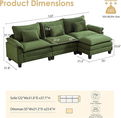 URRED Cloud Couch Modular Sectional Sofa, 122'' Modern L Shaped Deep Seat Sofa with Ottoman & Pillows, Ultra Comfy Corduroy Couches for Living Room, Bedroom or Apartment, Green