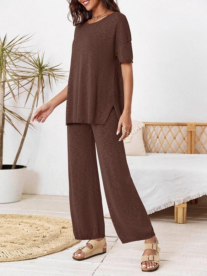 Tankaneo Women's 2 Piece Travel Outfits Casual Short Sleeve Knit Sweater Set Wide Leg Pants Lounge Sets Tracksuit