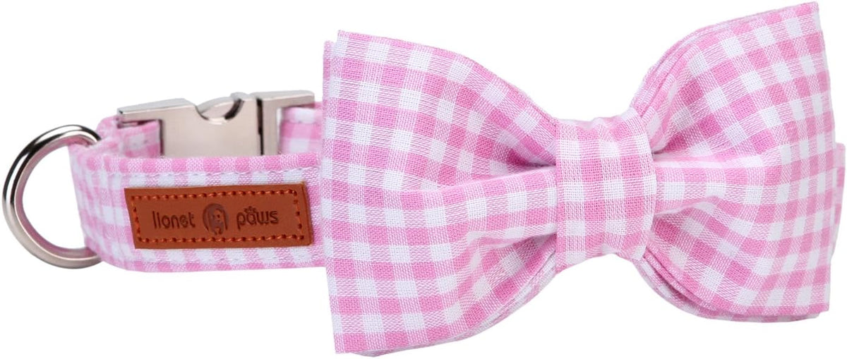 Lionet Paws Dog Collar with Bowtie, Comfortable Adjustable Cute Pink Gingham Bow Tie Collar for Female Dogs Gift, Large, Neck 16-24 inches