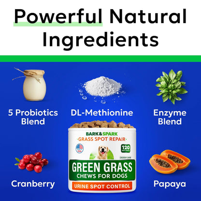 BARK&SPARK Green Grass Chews - Pee Grass Spot Saver Caused by Dog Urine - Urine Neutralizer for Lawn, Gut Health Probiotics & Digestive Enzymes,Lawn Burn from Dog Urine, Grass Burn Spot Chews (240Ct)