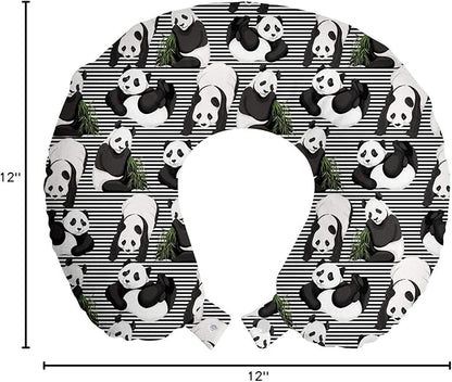 Ambesonne Tropical Travel Pillow Neck Rest, Funny Panda Bears and Exotic Leaves on Minimalist Stripes Modern, Memory Foam Traveling Accessory for Airplane and Car, 12", Dark Blue Grey and White
