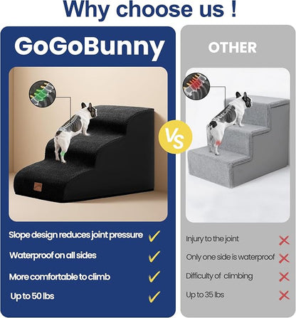 GoGoBunny Ramp Dog Stairs for Couch Sofa and Chair 15.7" H, 3-Step Pet Steps for Small Dogs and Cats, Non-Slip Waterproof Fabric Cover, Stable and Balanced Indoor Step, Pets Friendly, Black