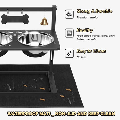 Elevated Dog Bowls with Slow Feeder and Spill Proof Mat, Adjustable Height 4.3-11.8'', Two 1.7L Stainless Steel Food & Water Bowls, Metal Raised Dog Bowl Stand, for Large Medium Breeds