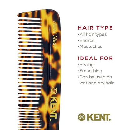 Kent R7T TY Fine and Wide Tooth Hair Comb, Handmade Pocket Comb for Men, Beard and Mustache Combs for Everyday Grooming and Styling, Sawcut Kent Combs, Made in England