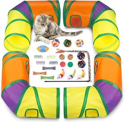 Retro Shaw Cat Toys with Cat Tunnels, Interactive Kitten Toys for Indoor Cats Kitty, Cat Tube Tent Feather Wand Teaser Bell Fuzzy Ball Springs Mouse (25 Pcs Extra Large Cats Tunnel Set)