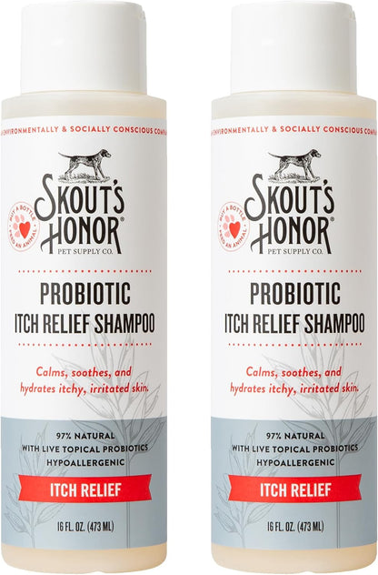 Skout's Honor Probiotic Itch Relief Shampoo for Pets - Non-Medicated, Fragrance-Free, Paraben & Sulfate-Free, with Avocado Oil & Omega 3's, 8oz, 2-Pack
