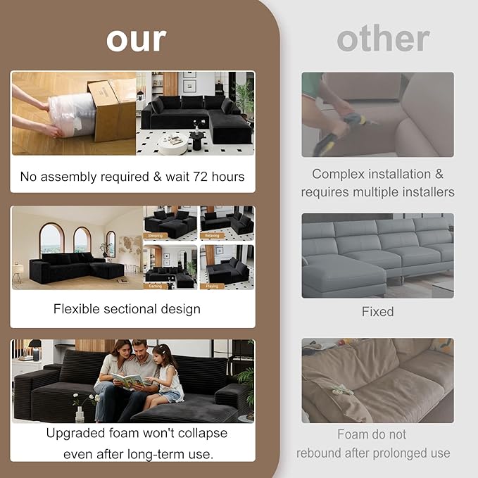 KAPEETOO Cloud Modular Sectional Sofa with Chaise Longue, Giant L Shaped Sectional Couch with Deep Seat, Oversize 3-Seater Boneless Couch for Living Room Bedroom Right Facing Chaise (Black)