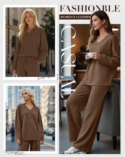 JoyMotion 2 Piece Women's Sweatsuit, V Neck Oversized Tracksuit Wide Leg Pant Fall Lounge Set Long Sleeve Sweatshirts Outfit