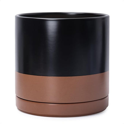 D'vine Dev 12 Inch Ceramic Planter Pot, Black/Tan, 94-O-F-7 | Modern Cylinder Design, Drainage Hole & Saucer Included, Stable Structure, Elegant Home Accent
