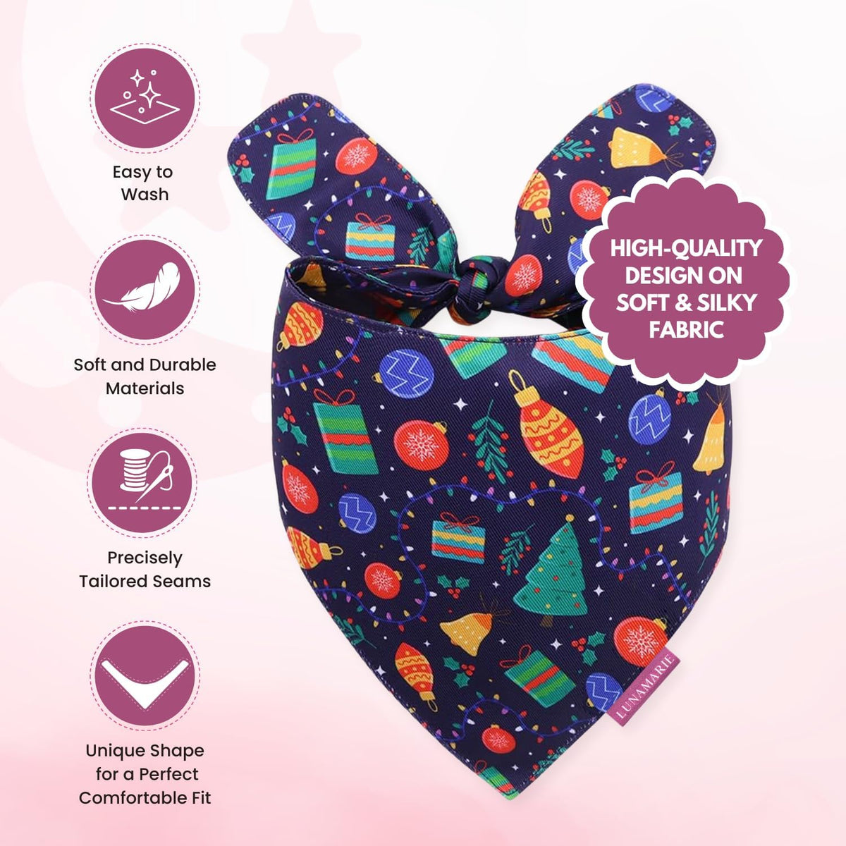 LunaMarie - Luxury Pet Birthday Bandanas -Premium & Silky Poly Fabric | 100% Handmade | Custom Shape Dual Layered (Christmas Tree, Large)