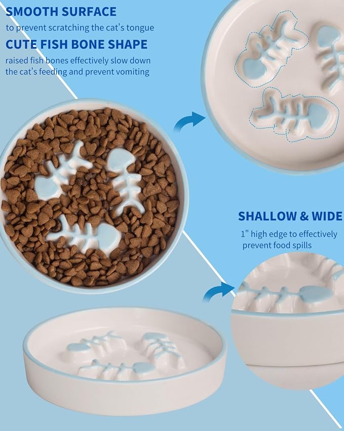 Ceramic Fish-Bone Slow Food Bowl for Cats and Dogs, Dishwasher Safe, Non-Toxic, Engaging Design, Prevents Obesity | Ceramic Bowl Elevated Anti Vomit Whisker-Friendly Wet & Dry Food