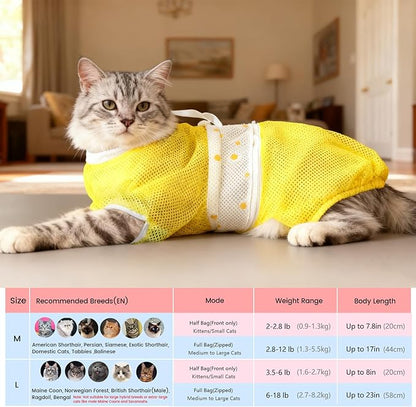 Cinf Cat Bathing Bag, Breathable Mesh Anti Scratch Adjustable Cat Grooming Bag for Nail Trimming, Bathing Soft Cat Washing Bag(Yellow) L