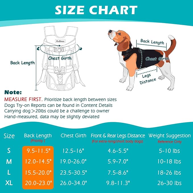PetBonus Dog Front Carrier Backpacks, Legs Out Easy-fit Puppy Chest Carrier | Hands Free, Adjustable, Safety Strap, Walking Hiking Cycling Motorcycle bag, For Small Medium Dogs (Black, L)