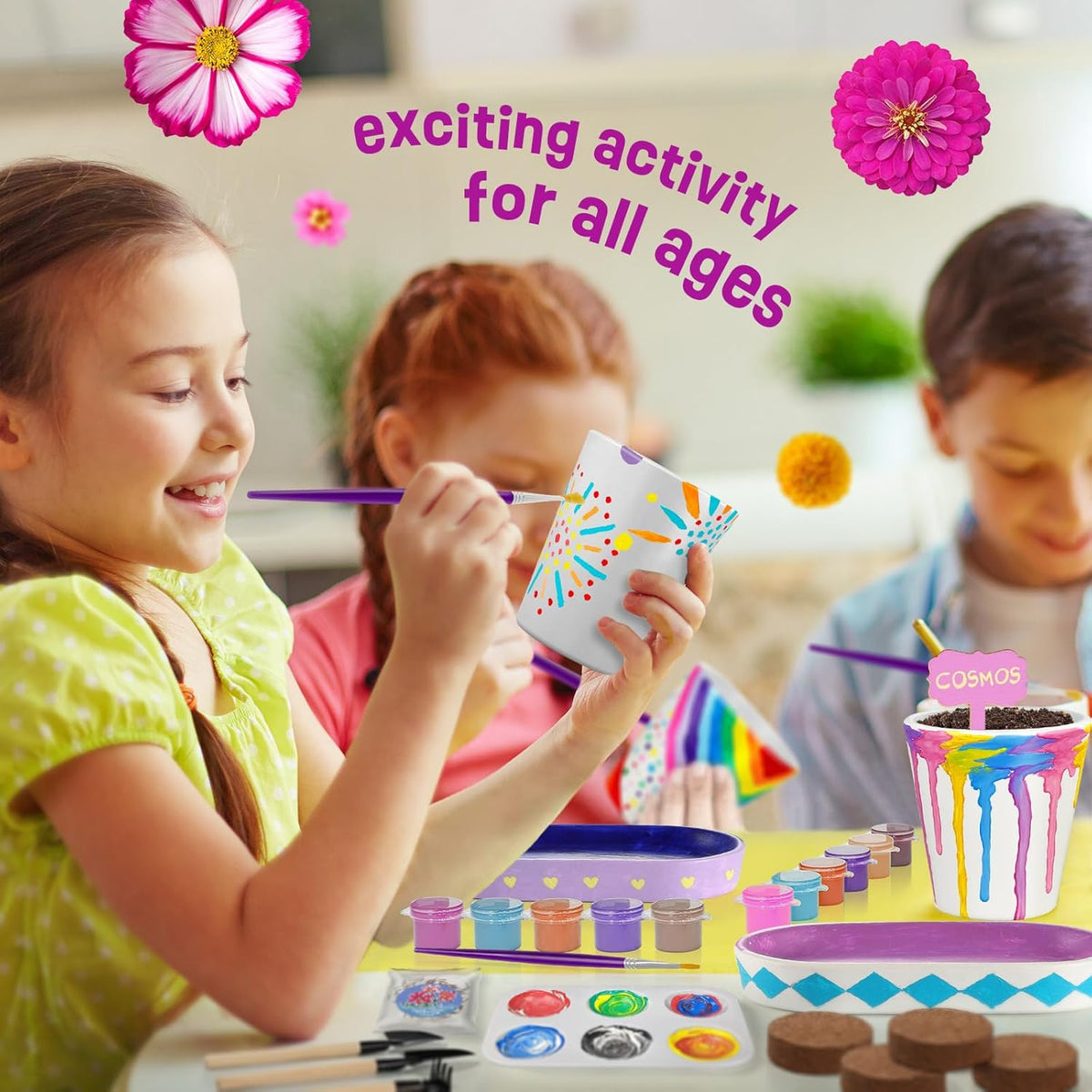 4 Set Paint & Plant Flower Gardening Kit - Gifts for Girls Ages 8-12, Arts and Crafts for Kids Ages 8-12, Kids Gardening Set, Birthday Toys Gifts for Girls Boys Ages 6 7 8 9 10 11 12