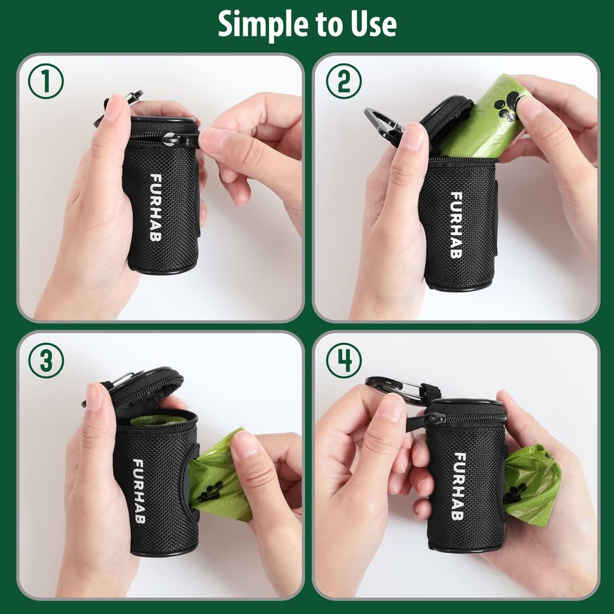 Dog Poop Bag Holder for Leash Doggie Waste Bag Dispenser Soft Fabric Puppy Potty Carrier Small Doggy Zipper Pouch with Carabiner Clip with 1 Roll of Pet Trash Bags, Black