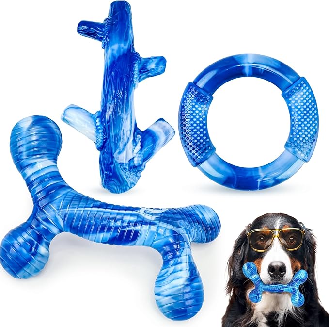 3Pack Dog Toys for Aggressive Chewers Dog Chew Toy Tough Dog Toys to Keep Them Busy Bacon Flavor Teething Chew Toys & Dental Health for Large Medium Small Breeds (Blue)
