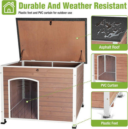 GUTINNEEN Dog House Outdoor Weatherproof with Anti-bite Metal Frame Large Indoor Wooden Dog Kennel for Medium to Large Dogs, 43.3" L × 29.4" W × 33.4" H