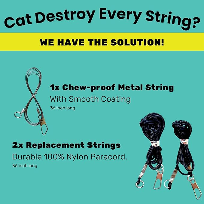 Replacement Strings for Cat Wand Toy - 3-Pieces - Chew-Proof Metal String Wire and 2 Durable Paracord Strings - Heavy Chewers Pack Cat Wand Toy Refill Strings (6 Replacement Strings)