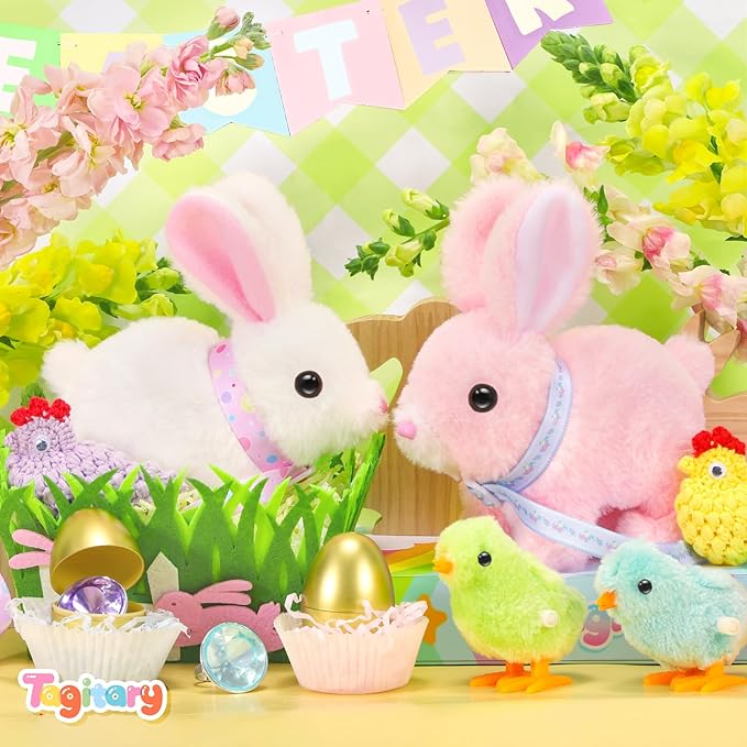Tagitary Plush Toys Walking Bunny for Kids,Easter Stuffed Bunny with Sounds,Interactive Toys with Leash,Golden Egg,Wind Up Toy, Can Hop,Wiggle Ears,Twitch Nose,Ideal Easter Gifts for Toddlers