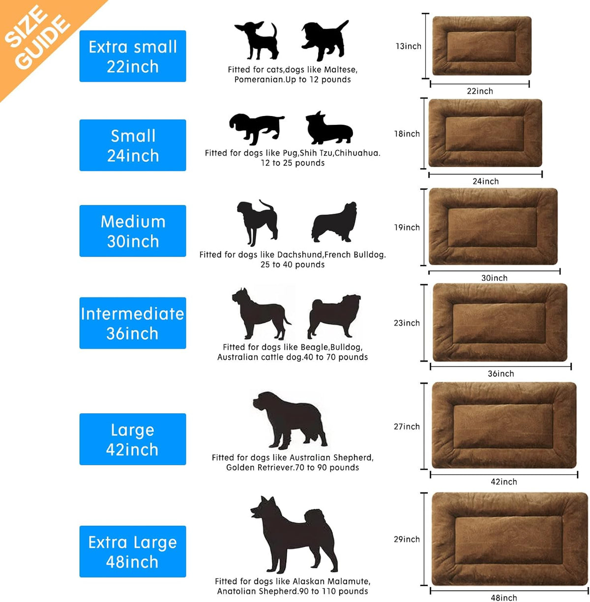 VERZEY Dog Bed, Ultra Soft Faux Fur Dog Crate Pad for Medium Dogs, 30inch, Brown, Machine Washable, Anti-Slip