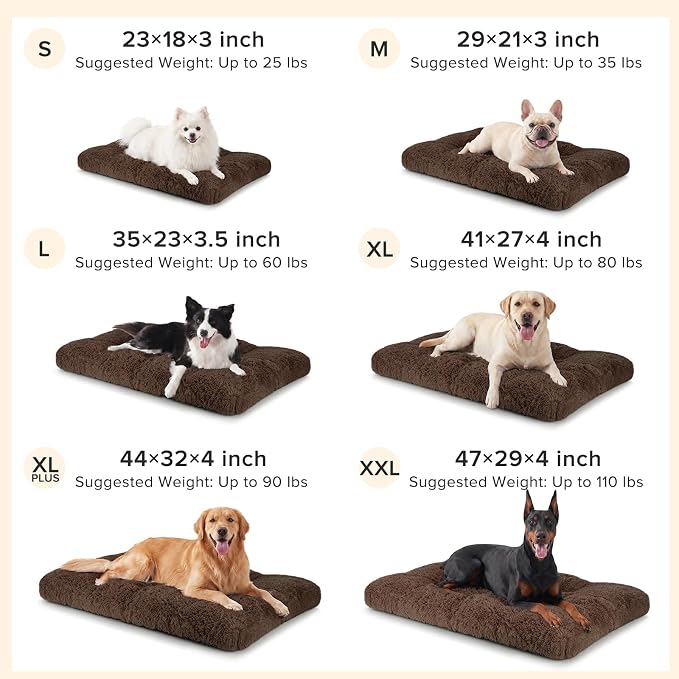 JOEJOY Large Dog Bed Crate Pad, Deluxe Plush Washable Dog Beds Fulffy Soft Kennel Pad Anti-Slip Pet Sleeping Mat for Extra Large Medium Small Dogs, 44" x 32", Brown