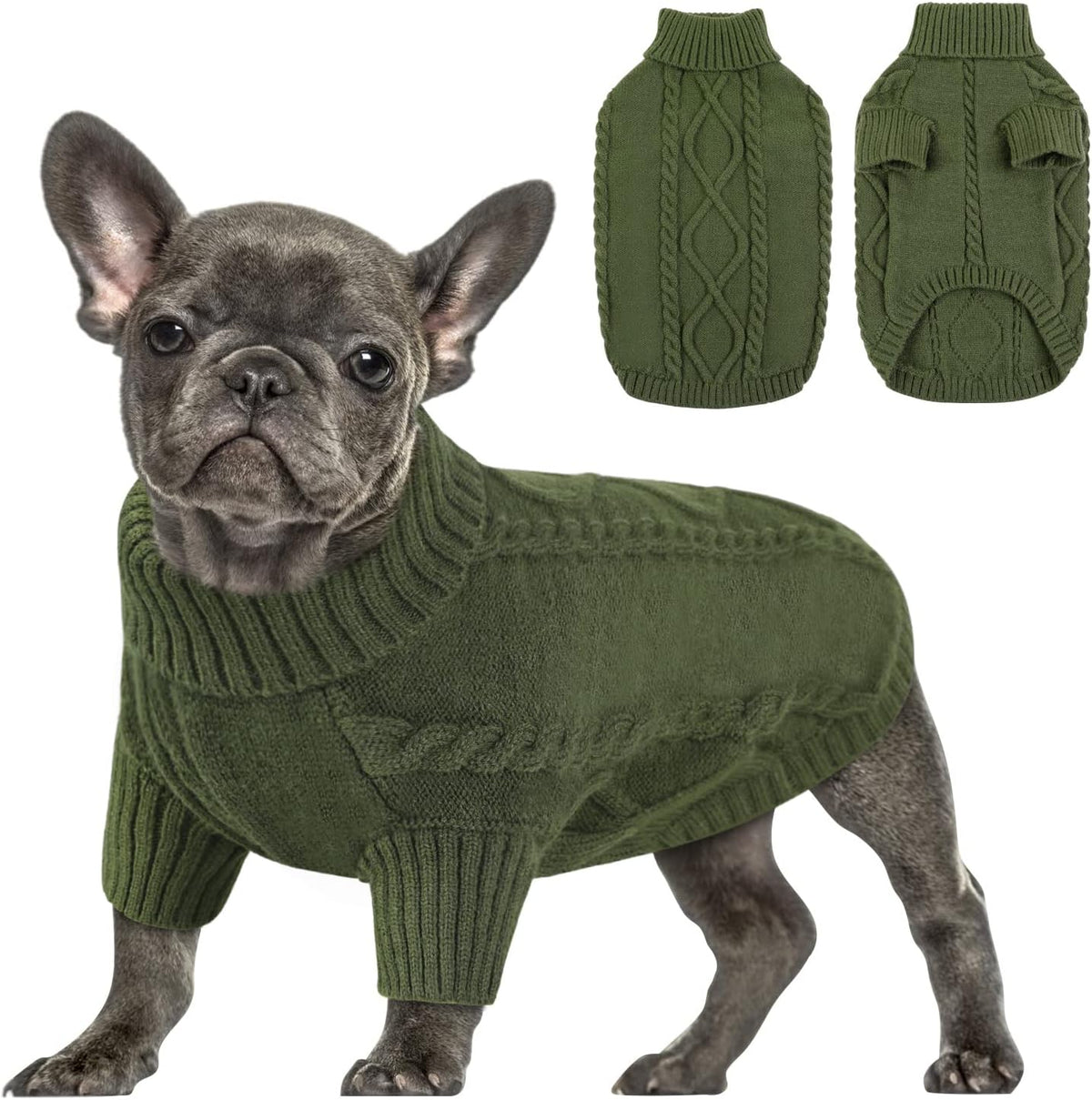 Queenmore Small Dog Pullover Sweater, Cold Weather Cable Knitwear, Classic Turtleneck Thick Warm Clothes for Chihuahua, Bulldog, Dachshund, Pug (Army Green, X-Large)