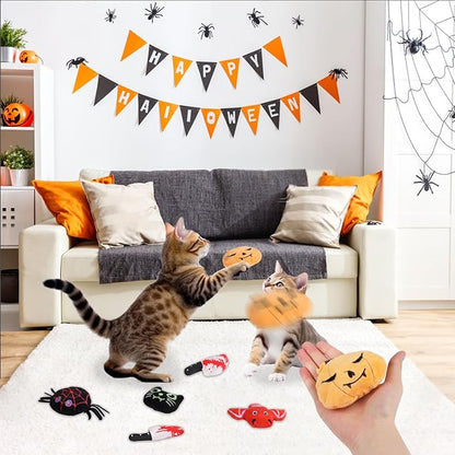 LOMIMOS 6Pcs Halloween Catnip Toys,Cat Toys Chew Bite Plush Toy with Crinkle Paper Kitten Pumpkin Spider Bat Knife for Indoor Interactive Play & Exercise