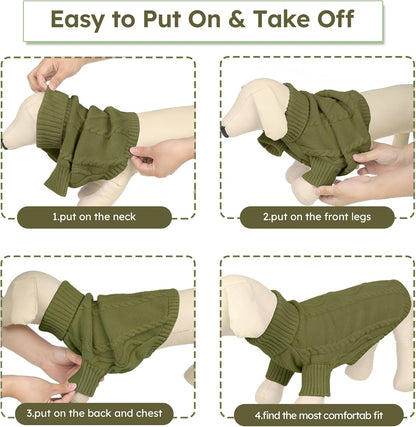 Queenmore Small Dog Pullover Sweater, Cold Weather Cable Knitwear, Classic Turtleneck Thick Warm Clothes for Chihuahua, Bulldog, Dachshund, Pugl,OliveGreen,M