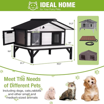 GUTINNEEN Heated Cat House for Outside Large Outdoor Cat House Insulated Weatherproof Feral Cat Shelter with Heating Pad, Insulated Thermal Liner, Chewproof Cable for 1-4 Cats, Winter-Ready (Black)