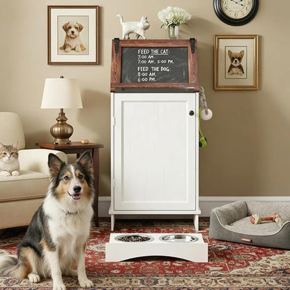 White 38.4" H Dog Feeding Station with Storage | Pet Food Storage Cabinet with 2 Elevated Bowls,Hooks,Hidden Dog Feeding Organizer for Cats and Dogs