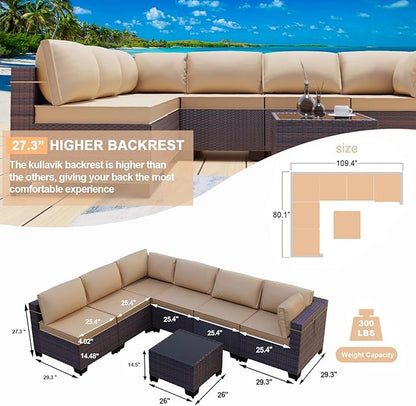 Kullavik 7 Pieces Outdoor Patio Furniture Set,Sectional Rattan Sofa Set Brown PE Rattan Wicker Patio Conversation Set with Tempered Glass Coffee Table and Washable Cushions Covers,Sand