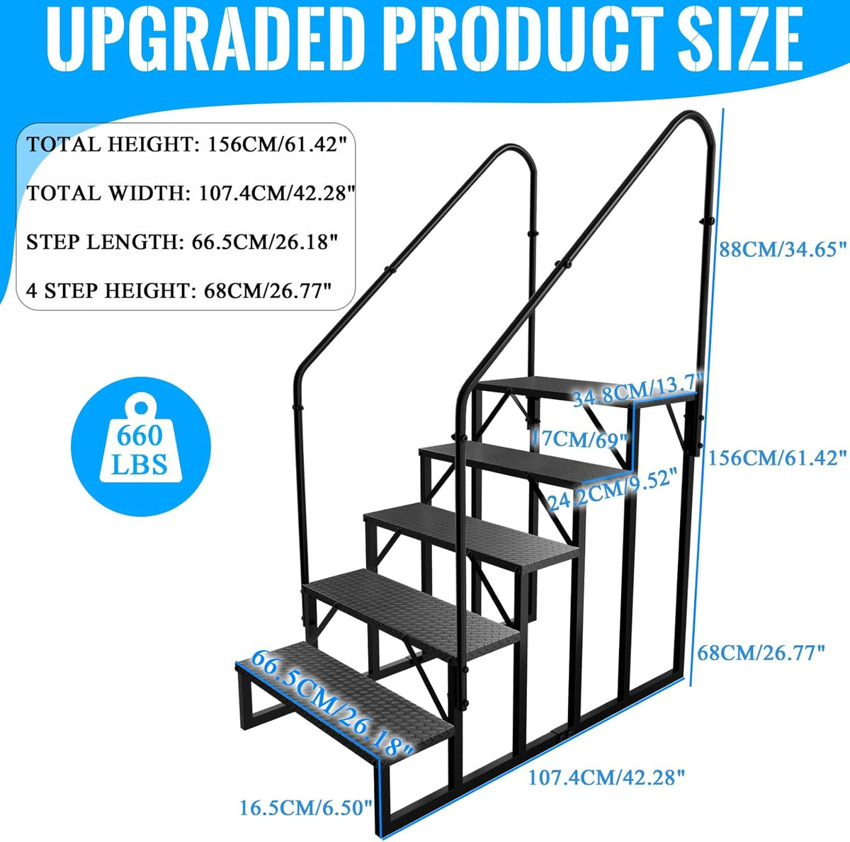 RV Stairs 5 Step Ladder, RV Steps Anti-Slip, Hot Tub Steps with Handrail, 660 lbs RV Ladder for 5th Wheel RV, Mobile Home Stairs（2 Handrails
