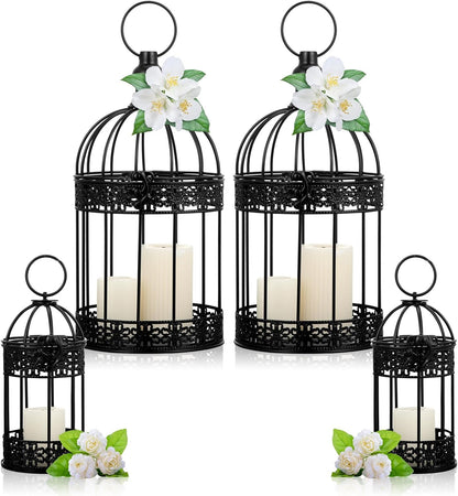 Sliner 4 Pcs Bird Cage Decorative Candle Holder Vintage Candle Holder Cage Lanterns Model for Modern Table House Home Decoration(Black)