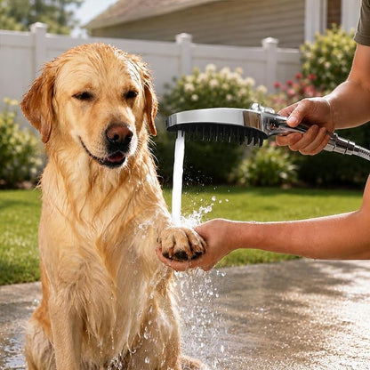 G-Promise 3 Mode Dog Wash Shower Attachment with Pause Mode for Outdoor Use | High Pressure, with Pause Mode, Built-In Brush for Wash & Groom, Extra Long Hose, Easy Install