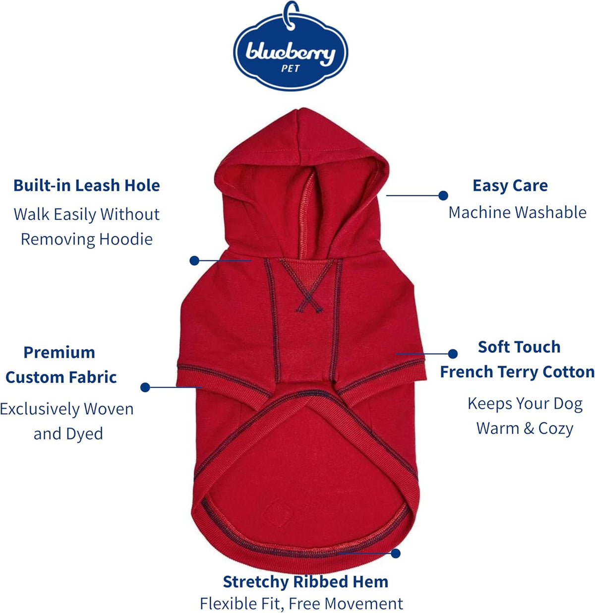 Blueberry Pet Hoodie – 14″ Soft French Terry Chilly‑Season Sweatshirt with Hood, Red, Award‑Winning Small‑Dog Jersey