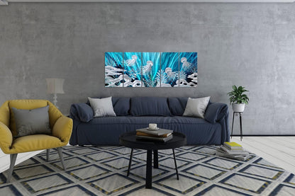 SYGALLERIER Jelly Fish Large Metal Wall Art Hand Grind Aluminum Artwork 3D Undersea World Coastal Pictures Nautical Decor for Living Room Bedroom