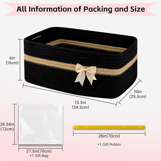 OIAHOMY Large Woven Storage Basket with Handles for Nursery Living Room Shelves, Bow Basket for Gifts Empty with Gift Bags and Ribbons for Baby Showers Pet Toy Bin - Black