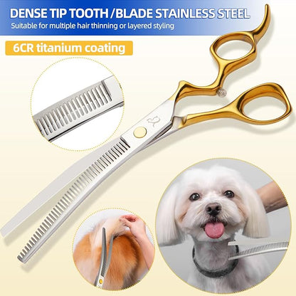 Dog Grooming Scissors,Curved Chunkers Shears Deg Grooming with Safety Round Tips, Sharp and Comfortable 4 in 1 Dog Scissers for Grooming