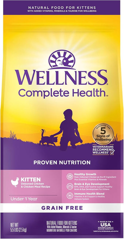 Wellness Complete Health Kitten Dry Cat Food for Indoor and Outdoor Cats, Grain Free, Natural, Chicken & Chicken Meal (5.5 Pound Bag)