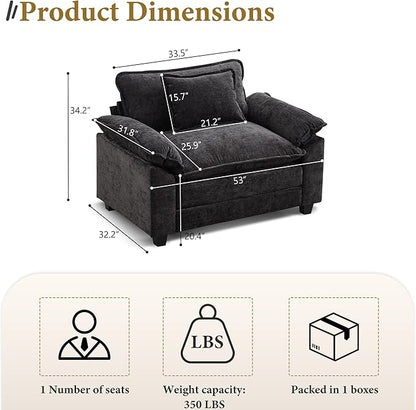 URRED Modular Sectional Sofa Comfy Cloud Couch, Modern Chenille Sofa Sleeper Deep Seat Couches with Ottoman/Pillows for Living Room (Black, 53'')