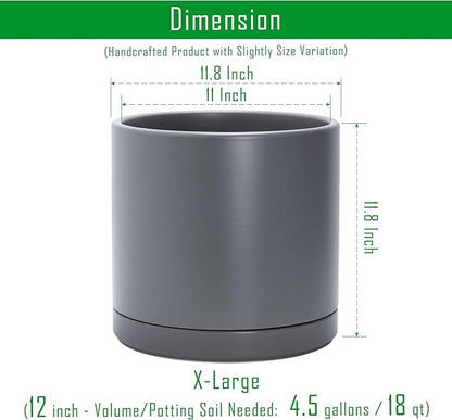 D'vine Dev 12 Inch Ceramic Planter Pot, Grey, 94-O-F-3 | Modern Cylinder Design, Drainage Hole & Saucer Included, Stable Structure, Elegant Home Accent