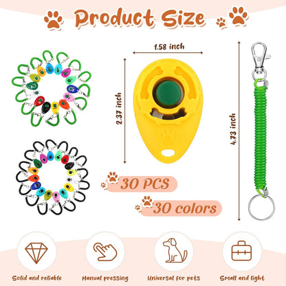 Hiboom 30 Pcs Dog Training Clicker Bulk Colorful Pet Training Clicker Cat Animal Trainer Clicker with Wrist Strap for Pet Dog Cat Horse Bird Behavioral Trainer Accessories (30 Color)