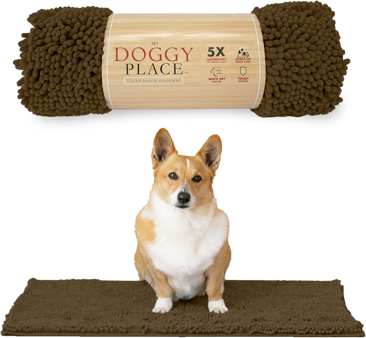 My Doggy Place Medium Microfiber Dog Mat, 31" x 20", Brown, Absorbent and Quick-Drying, Non-Slip Rubber Backed, Machine Washable