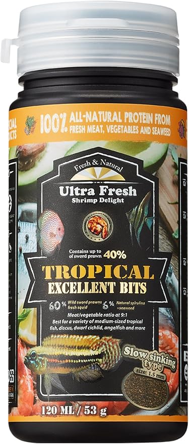 Ultra Fresh Tropical Fish Food, Wild Sword Prawn, Natural Color Enhancement, Slow Sinking Pellet for Discus, Angelfish, Medium Sized Cichlids and Fish, Tropical Excellent Bits 1.87 oz