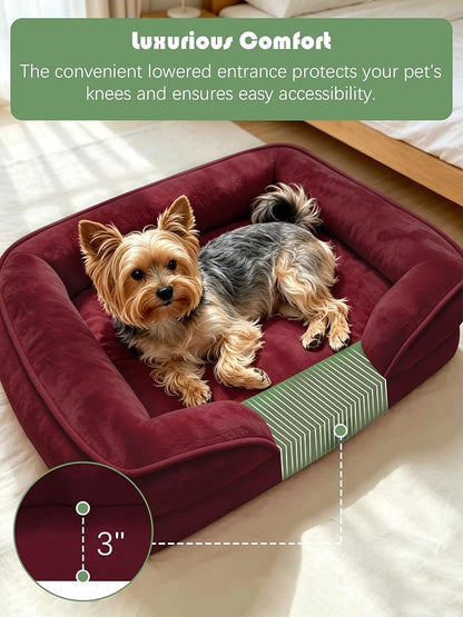 Spotted Play Orthopedic Dog Bed with Sides - Sofa Beds for Small Dogs, Supportive Foam Pet Couch Bed with Washable Removable Cover, Waterproof Lining and Non-Slip Bottom, Burgundy - S