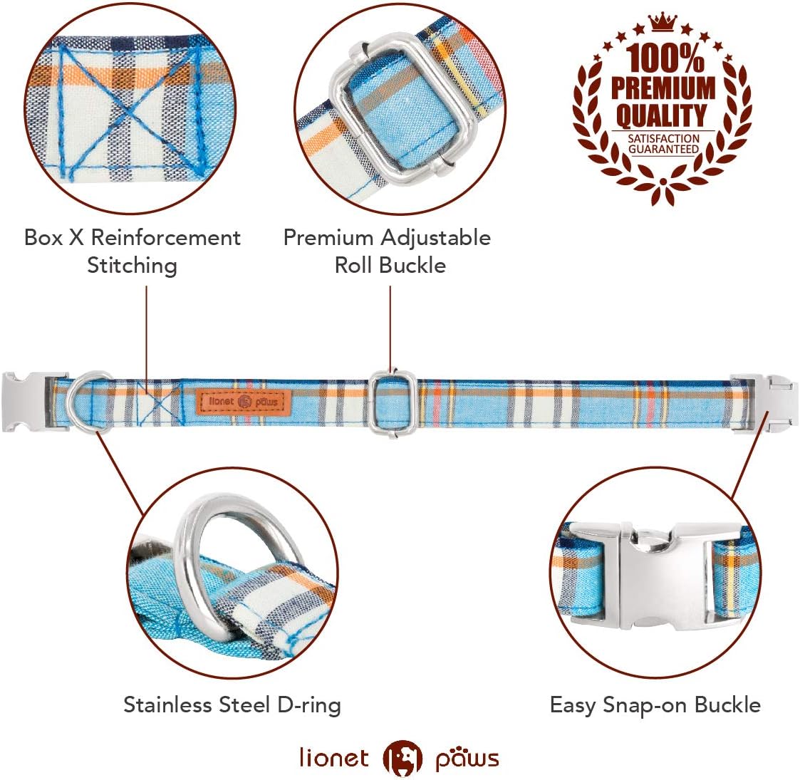 Lionet Paws Boy Dog Collar with Bowtie, Comfortable Adjustable Cute Blue Plaid Bow Tie Collar for Male Dogs Gift, Small, Neck 10-16 inches