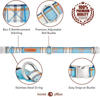 Lionet Paws Boy Dog Collar with Bowtie, Comfortable Adjustable Cute Blue Plaid Bow Tie Collar for Male Dogs Gift, Small, Neck 10-16 inches