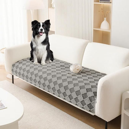 HANDONTIME Non-Slip Pet Couch Cover Washable, Plush Faux Fur Couch Protector for Cushion Pet-Friendly Sofa Covers for Dogs, Checkered Diamond Sectional Covers Dog Mat for Sofa (Grey, 35.6" x 70.9")